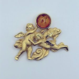 Vintage Louis Stern “LS” Signed Winged Cherub Gold Tone Amber Cabochon Brooch